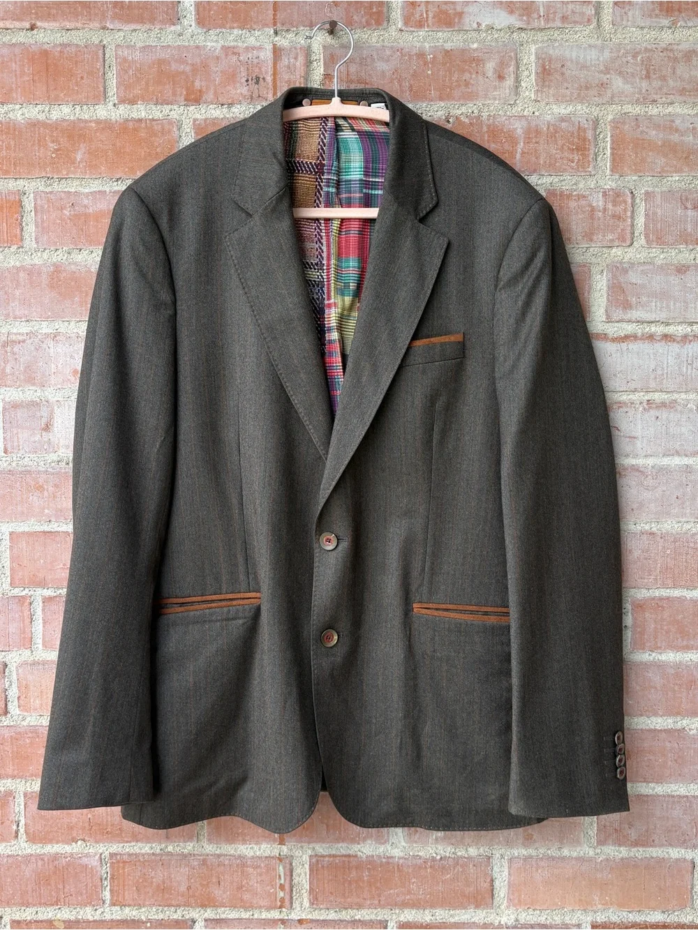 Robert Graham Mens Brown Pinstripe 100% Wool Blazer Jacket Plaid Lining Size 42‎